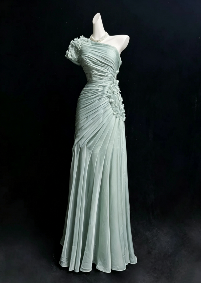 Elegant Sage Green One Shoulder Pleated 3D Floral Appliques Mermaid Long Prom Dress AD1034