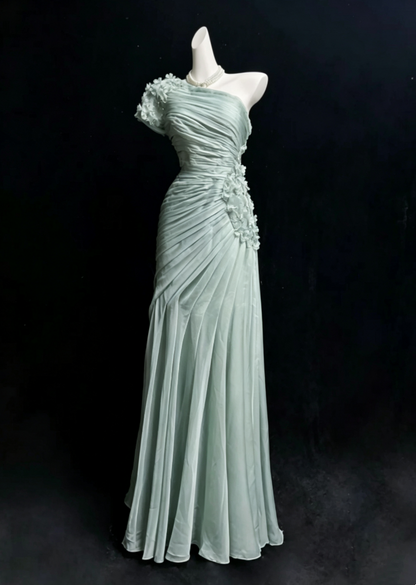 Elegant Sage Green One Shoulder Pleated 3D Floral Appliques Mermaid Long Prom Dress AD1034