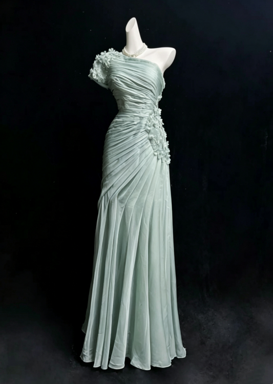 Elegant Sage Green One Shoulder Pleated 3D Floral Appliques Mermaid Long Prom Dress AD1034