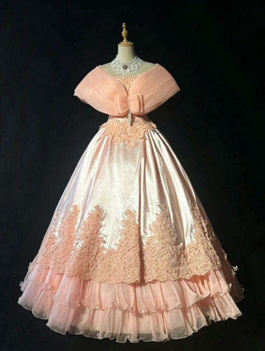Glam Vintage Blush Two Piece Off Shoulder Floral Lace Appliques Beaded Corset Satin A Line Ball Gown Long Prom Dress AD1035