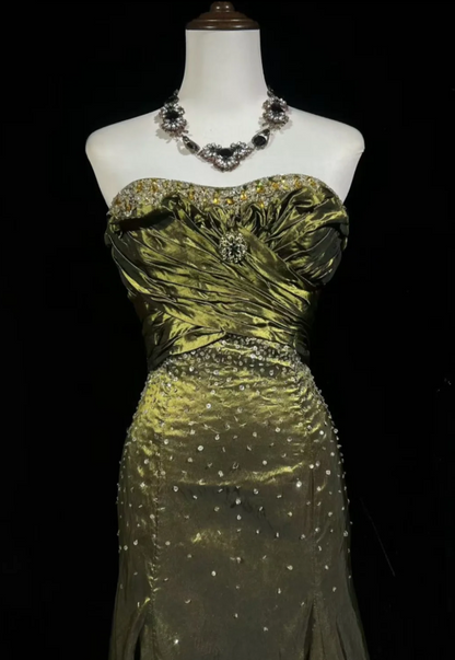 Glam Vintage Olive Green Strapless Ruched Bodice Beaded Mermaid Long Prom Dress AD1036