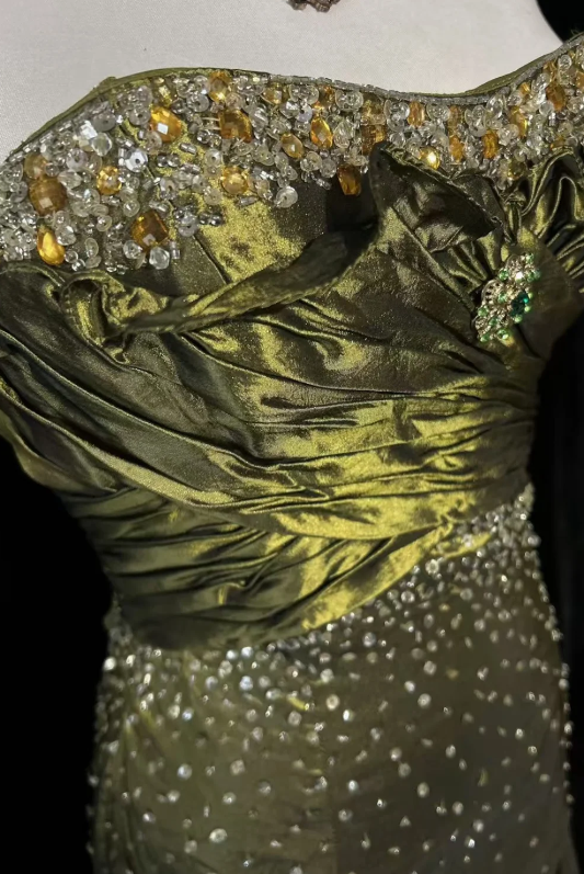 Glam Vintage Olive Green Strapless Ruched Bodice Beaded Mermaid Long Prom Dress AD1036