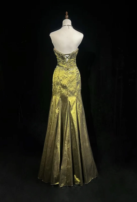 Glam Vintage Olive Green Strapless Ruched Bodice Beaded Mermaid Long Prom Dress AD1036