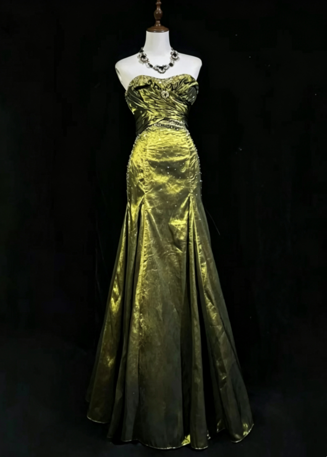 Glam Vintage Olive Green Strapless Ruched Bodice Beaded Mermaid Long Prom Dress AD1036