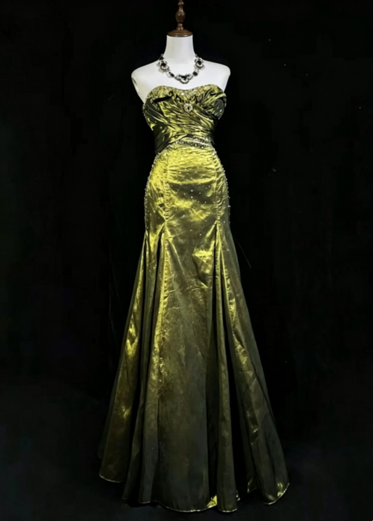 Glam Vintage Olive Green Strapless Ruched Bodice Beaded Mermaid Long Prom Dress AD1036