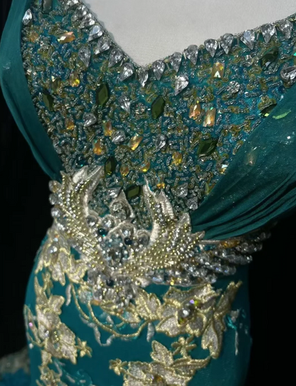 Stunning Teal Sleeveless V Neck Rhinestone Beaded Bodice Floral Lace Appliques Mermaid Train Prom Dress AD1037