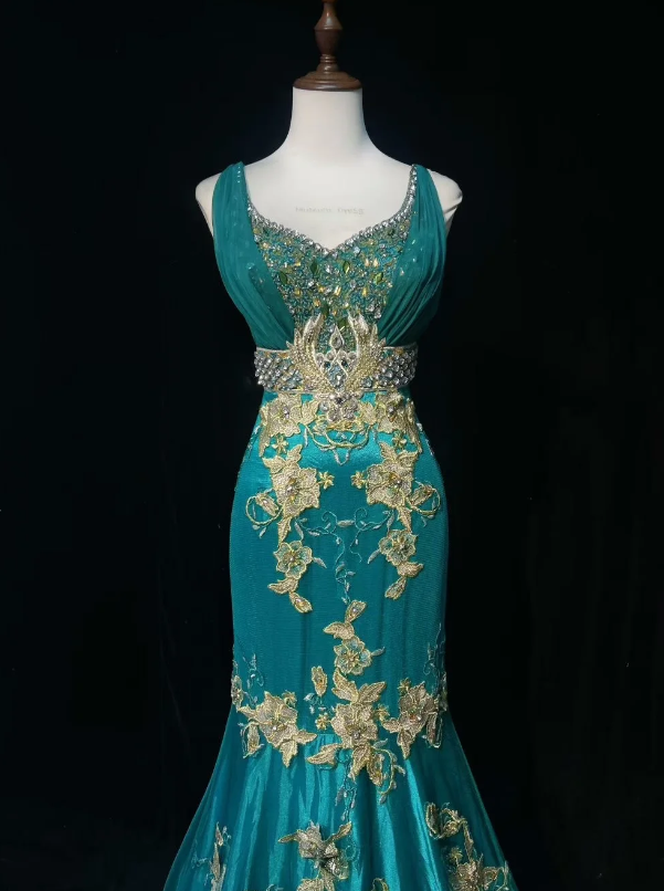 Stunning Teal Sleeveless V Neck Rhinestone Beaded Bodice Floral Lace Appliques Mermaid Train Prom Dress AD1037