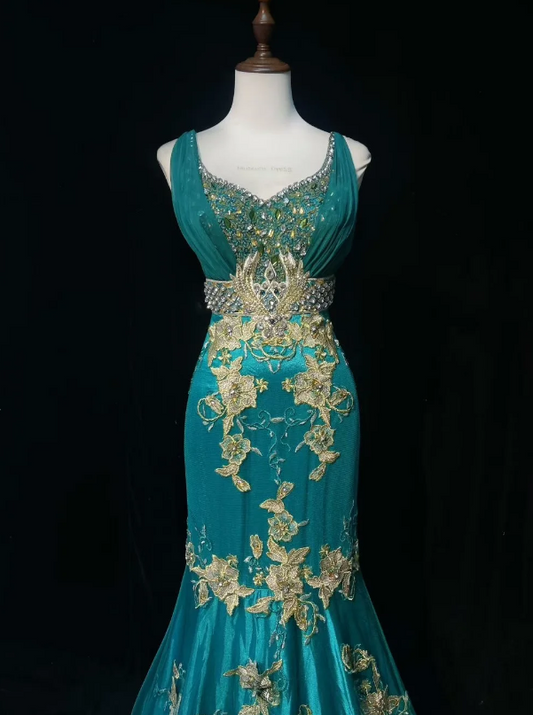 Stunning Teal Sleeveless V Neck Rhinestone Beaded Bodice Floral Lace Appliques Mermaid Train Prom Dress AD1037