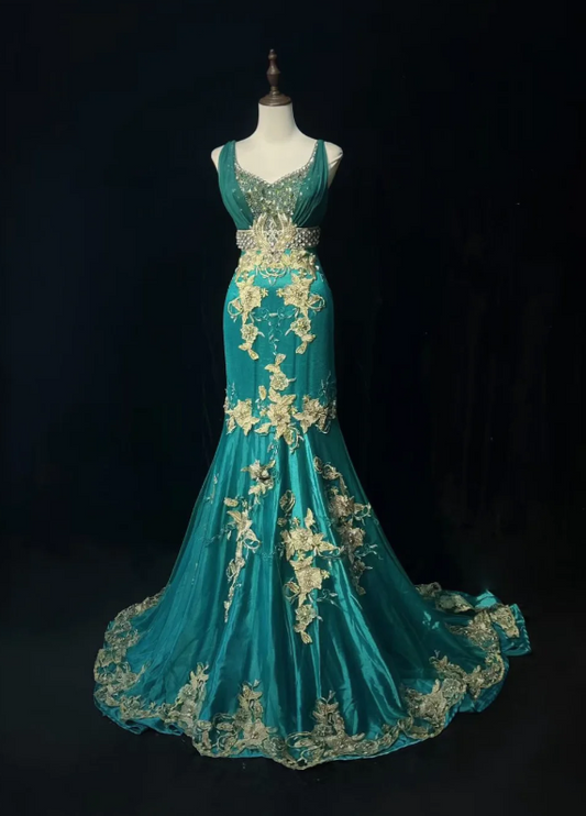 Stunning Teal Sleeveless V Neck Rhinestone Beaded Bodice Floral Lace Appliques Mermaid Train Prom Dress AD1037