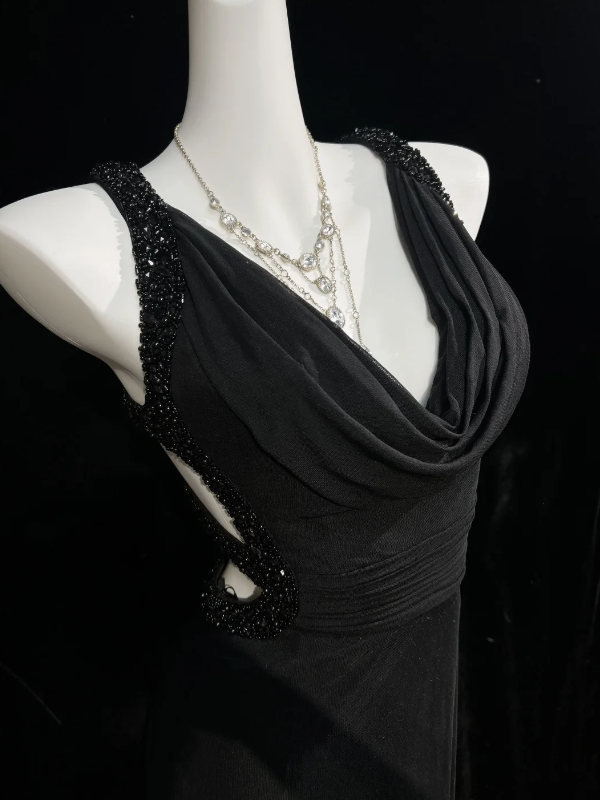 Unique Black Cowl Neck Sleeveless Beaded Trim Straps Ruched Waist Sheath Long Prom Dress AD1038