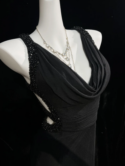 Unique Black Cowl Neck Sleeveless Beaded Trim Straps Ruched Waist Sheath Long Prom Dress AD1038