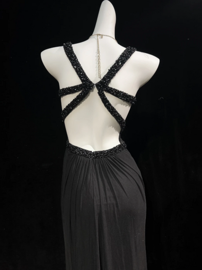 Unique Black Cowl Neck Sleeveless Beaded Trim Straps Ruched Waist Sheath Long Prom Dress AD1038