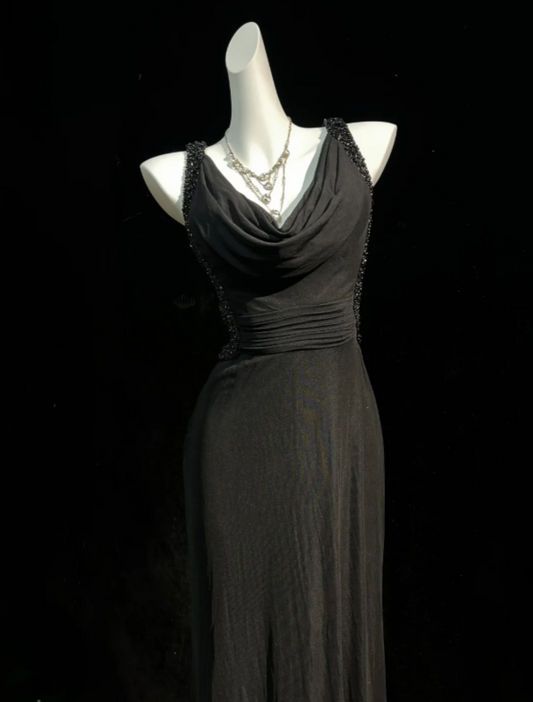 Unique Black Cowl Neck Sleeveless Beaded Trim Straps Ruched Waist Sheath Long Prom Dress AD1038