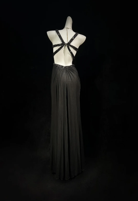 Unique Black Cowl Neck Sleeveless Beaded Trim Straps Ruched Waist Sheath Long Prom Dress AD1038