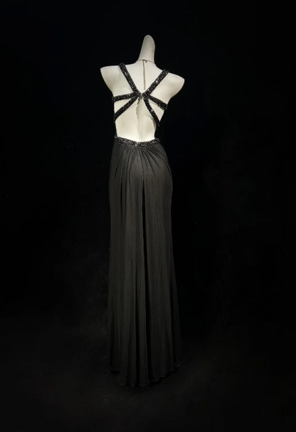 Unique Black Cowl Neck Sleeveless Beaded Trim Straps Ruched Waist Sheath Long Prom Dress AD1038