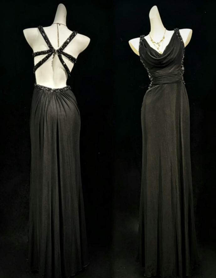 Unique Black Cowl Neck Sleeveless Beaded Trim Straps Ruched Waist Sheath Long Prom Dress AD1038