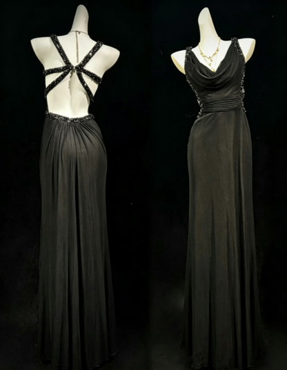 Unique Black Cowl Neck Sleeveless Beaded Trim Straps Ruched Waist Sheath Long Prom Dress AD1038