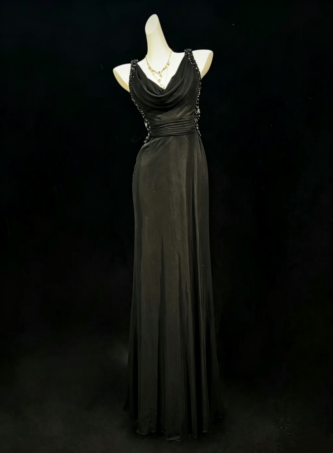 Unique Black Cowl Neck Sleeveless Beaded Trim Straps Ruched Waist Sheath Long Prom Dress AD1038