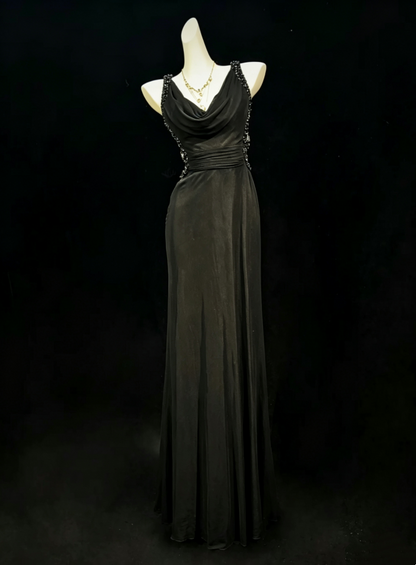 Unique Black Cowl Neck Sleeveless Beaded Trim Straps Ruched Waist Sheath Long Prom Dress AD1038