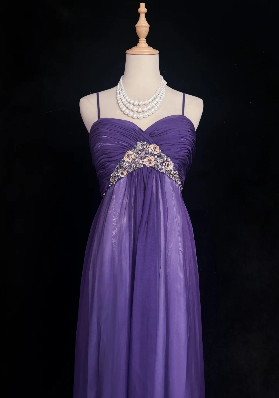 Glam Purple Spaghetti Straps Sweetheart Ruched Bust Floral Sequin Empire Waist A Line Long Prom Dress AD1039