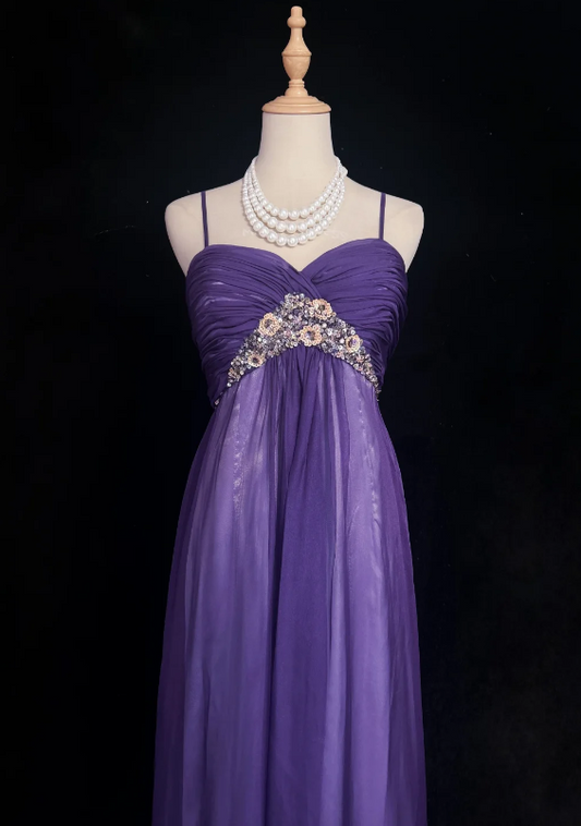 Glam Purple Spaghetti Straps Sweetheart Ruched Bust Floral Sequin Empire Waist A Line Long Prom Dress AD1039