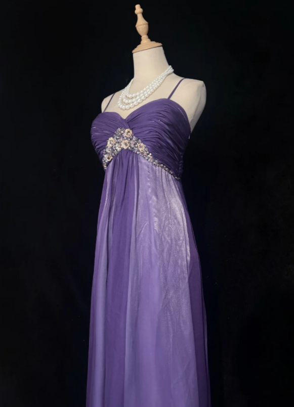 Glam Purple Spaghetti Straps Sweetheart Ruched Bust Floral Sequin Empire Waist A Line Long Prom Dress AD1039