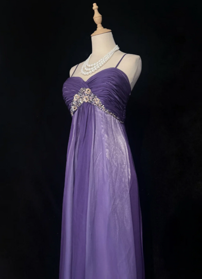 Glam Purple Spaghetti Straps Sweetheart Ruched Bust Floral Sequin Empire Waist A Line Long Prom Dress AD1039
