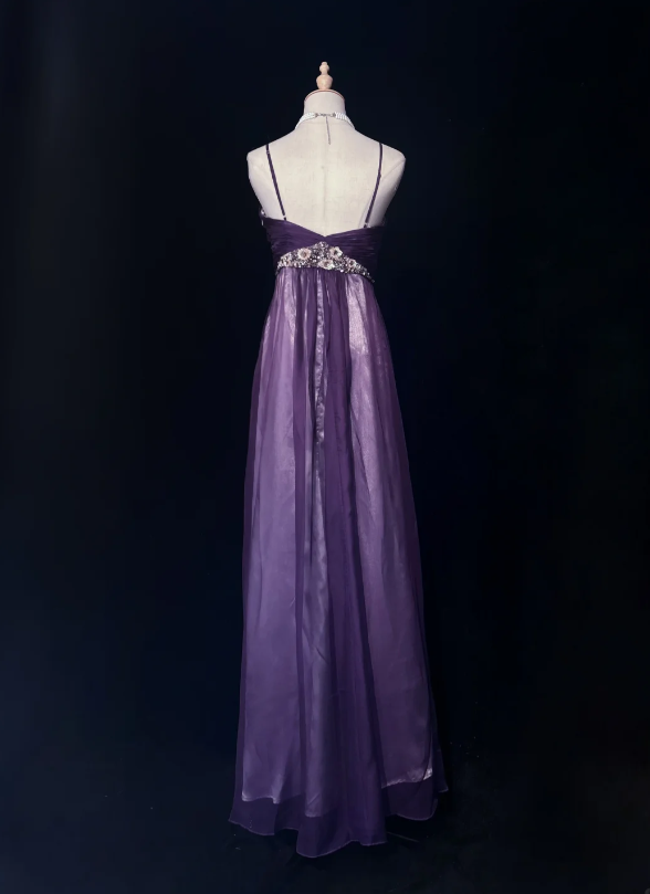 Glam Purple Spaghetti Straps Sweetheart Ruched Bust Floral Sequin Empire Waist A Line Long Prom Dress AD1039