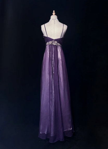 Glam Purple Spaghetti Straps Sweetheart Ruched Bust Floral Sequin Empire Waist A Line Long Prom Dress AD1039