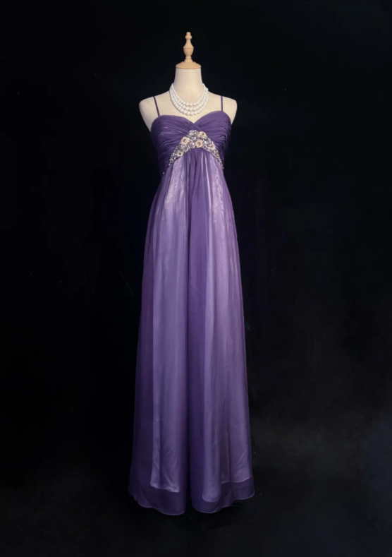 Glam Purple Spaghetti Straps Sweetheart Ruched Bust Floral Sequin Empire Waist A Line Long Prom Dress AD1039