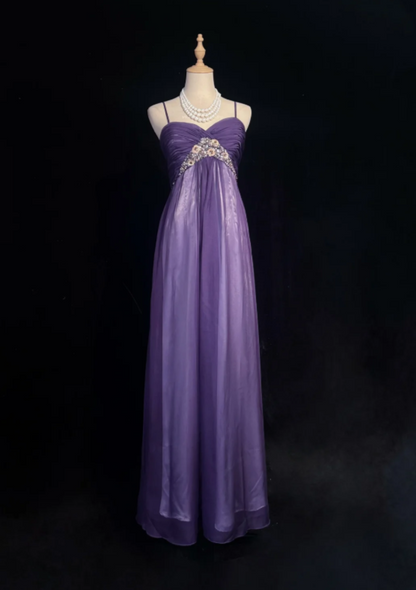 Glam Purple Spaghetti Straps Sweetheart Ruched Bust Floral Sequin Empire Waist A Line Long Prom Dress AD1039