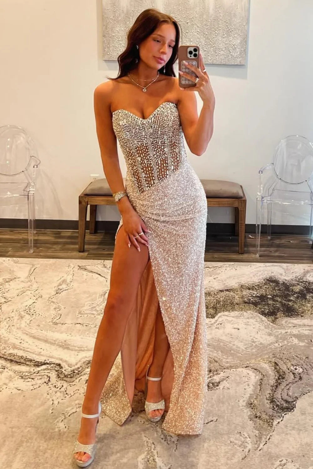 Sequin Champagne Corset Sweetheart High Slit Sparkly Mermaid Prom Dress AD104