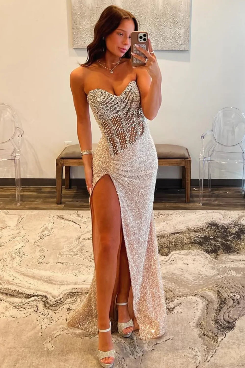 Sequin Champagne Corset Sweetheart High Slit Sparkly Mermaid Prom Dress AD104