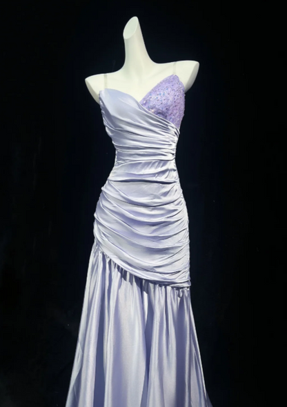 Elegant Lilac Strapless Sweetheart Lace Beaded Ruched Satin Mermaid Long Prom Dress AD1040