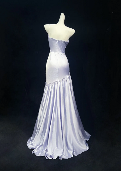 Elegant Lilac Strapless Sweetheart Lace Beaded Ruched Satin Mermaid Long Prom Dress AD1040