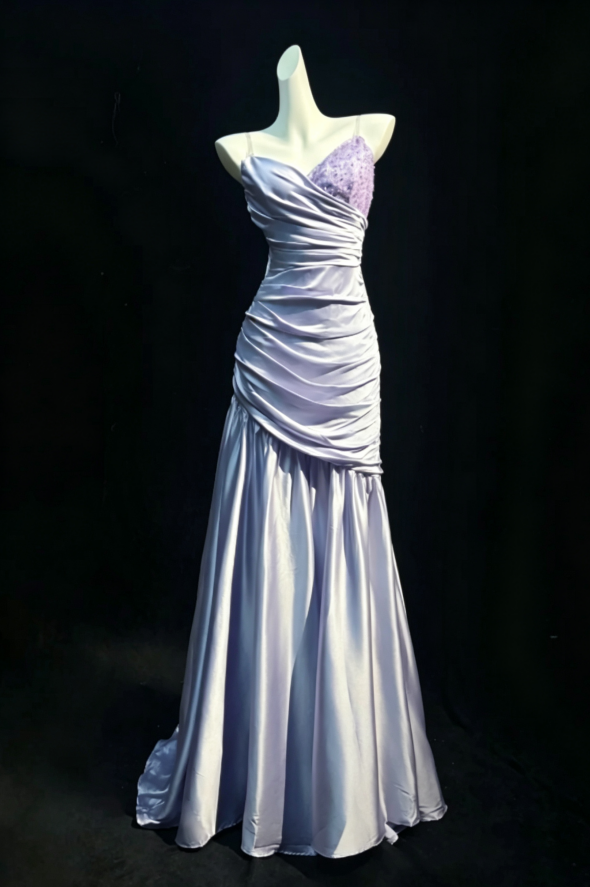 Elegant Lilac Strapless Sweetheart Lace Beaded Ruched Satin Mermaid Long Prom Dress AD1040