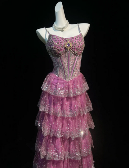 Stunning Hot Pink Spaghetti Straps Rhinestone Beaded Boned Corset Bodice Sparkly Glitter Multi-Tier Tulle A Line Long Prom Dress AD1041