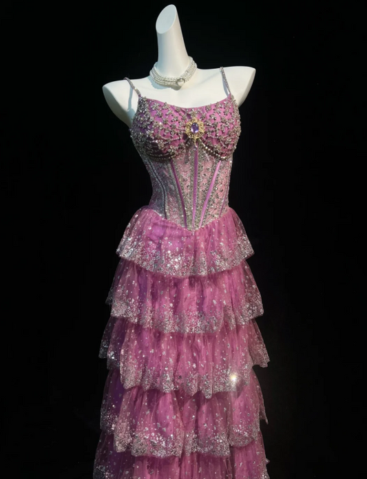 Stunning Hot Pink Spaghetti Straps Rhinestone Beaded Boned Corset Bodice Sparkly Glitter Multi-Tier Tulle A Line Long Prom Dress AD1041