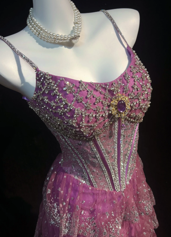 Stunning Hot Pink Spaghetti Straps Rhinestone Beaded Boned Corset Bodice Sparkly Glitter Multi-Tier Tulle A Line Long Prom Dress AD1041