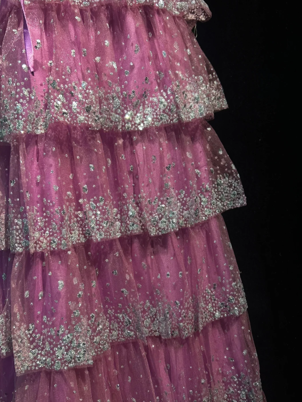 Stunning Hot Pink Spaghetti Straps Rhinestone Beaded Boned Corset Bodice Sparkly Glitter Multi-Tier Tulle A Line Long Prom Dress AD1041