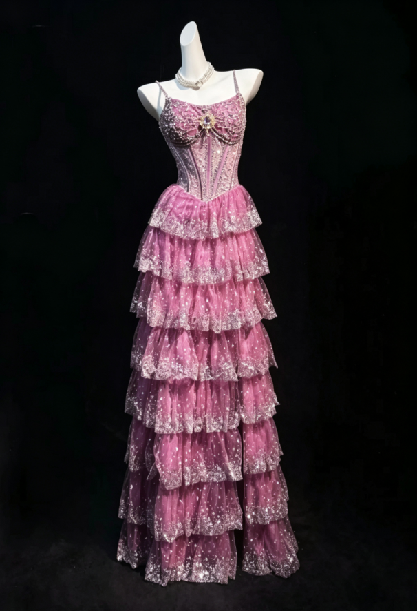 Stunning Hot Pink Spaghetti Straps Rhinestone Beaded Boned Corset Bodice Sparkly Glitter Multi-Tier Tulle A Line Long Prom Dress AD1041