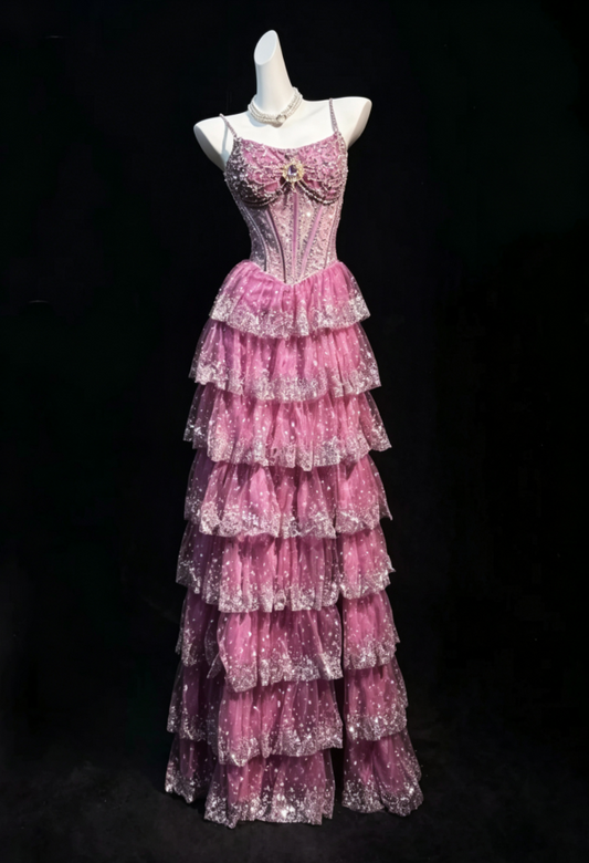 Stunning Hot Pink Spaghetti Straps Rhinestone Beaded Boned Corset Bodice Sparkly Glitter Multi-Tier Tulle A Line Long Prom Dress AD1041