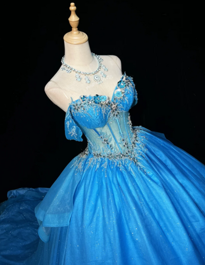 Gorgeous Blue Off The Shoulder Sweetheart Corset Bodice Beaded Floral Appliques Glitter Tulle A-Line Ball Gown Prom Dress With Chapel Train AD1042