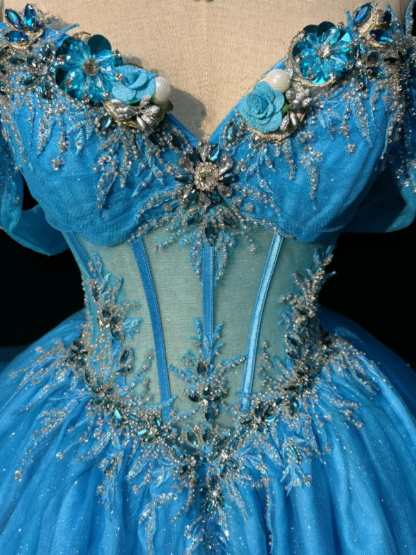 Gorgeous Blue Off The Shoulder Sweetheart Corset Bodice Beaded Floral Appliques Glitter Tulle A-Line Ball Gown Prom Dress With Chapel Train AD1042