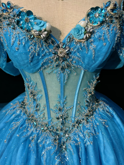 Gorgeous Blue Off The Shoulder Sweetheart Corset Bodice Beaded Floral Appliques Glitter Tulle A-Line Ball Gown Prom Dress With Chapel Train AD1042