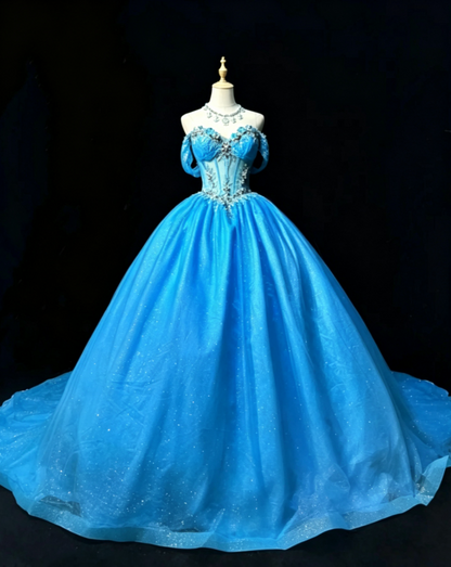 Gorgeous Blue Off The Shoulder Sweetheart Corset Bodice Beaded Floral Appliques Glitter Tulle A-Line Ball Gown Prom Dress With Chapel Train AD1042