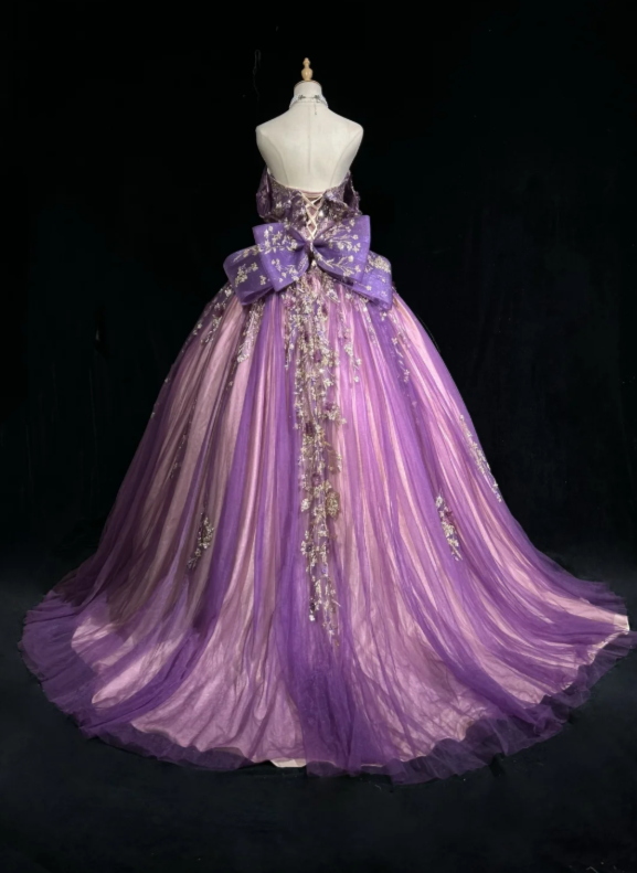Gorgeous Purple Off The Shoulder Deep V Neck Gitter Gold Floral Appliques Large Bow Back Tulle A-Line Ball Gown Prom Dress With Chapel Train AD1043