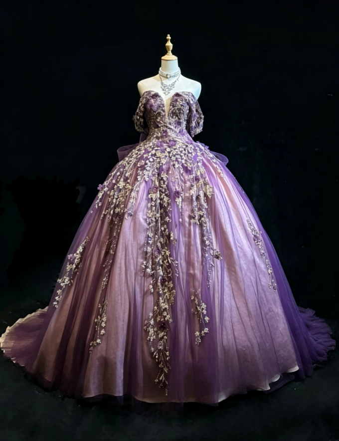 Gorgeous Purple Off The Shoulder Deep V Neck Gitter Gold Floral Appliques Large Bow Back Tulle A-Line Ball Gown Prom Dress With Chapel Train AD1043