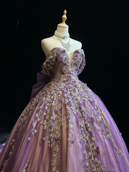 Gorgeous Purple Off The Shoulder Deep V Neck Gitter Gold Floral Appliques Large Bow Back Tulle A-Line Ball Gown Prom Dress With Chapel Train AD1043