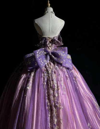 Gorgeous Purple Off The Shoulder Deep V Neck Gitter Gold Floral Appliques Large Bow Back Tulle A-Line Ball Gown Prom Dress With Chapel Train AD1043